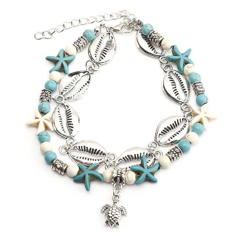 Bracelet Cheville Coquillage <br/> DUO Argenté et Bleu – Image 2