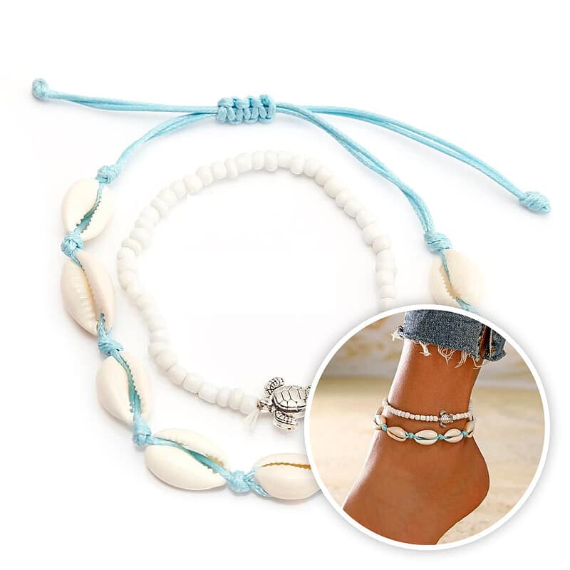 Bracelet Cheville Coquillage <br/> DUO Cauris et Perles