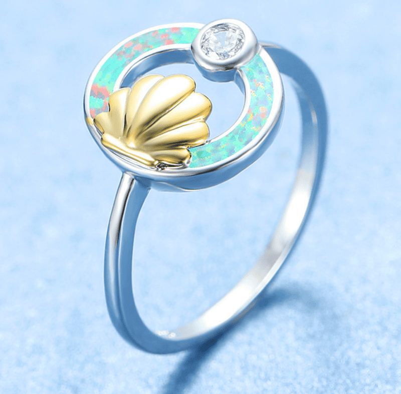 Bague Coquillage<br/> Fiançailles avec opale de feu blanc – Image 3