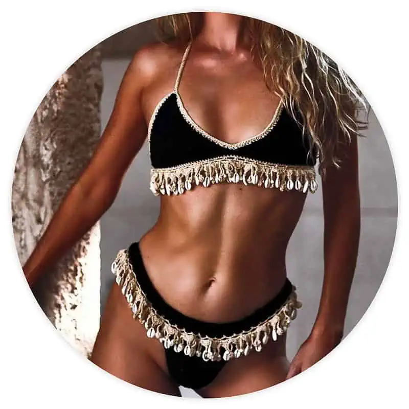 Maillot De Bain Coquillage Bikini Brésilien En Crochet Noir