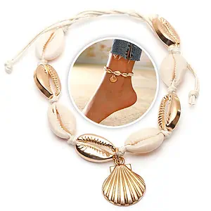 Bracelet Cheville Coquillage  Cauri Doré Et Coquille St-Jacques