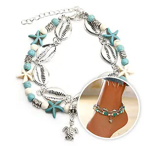 Bracelet Cheville Coquillage  Duo Argenté Et Bleu