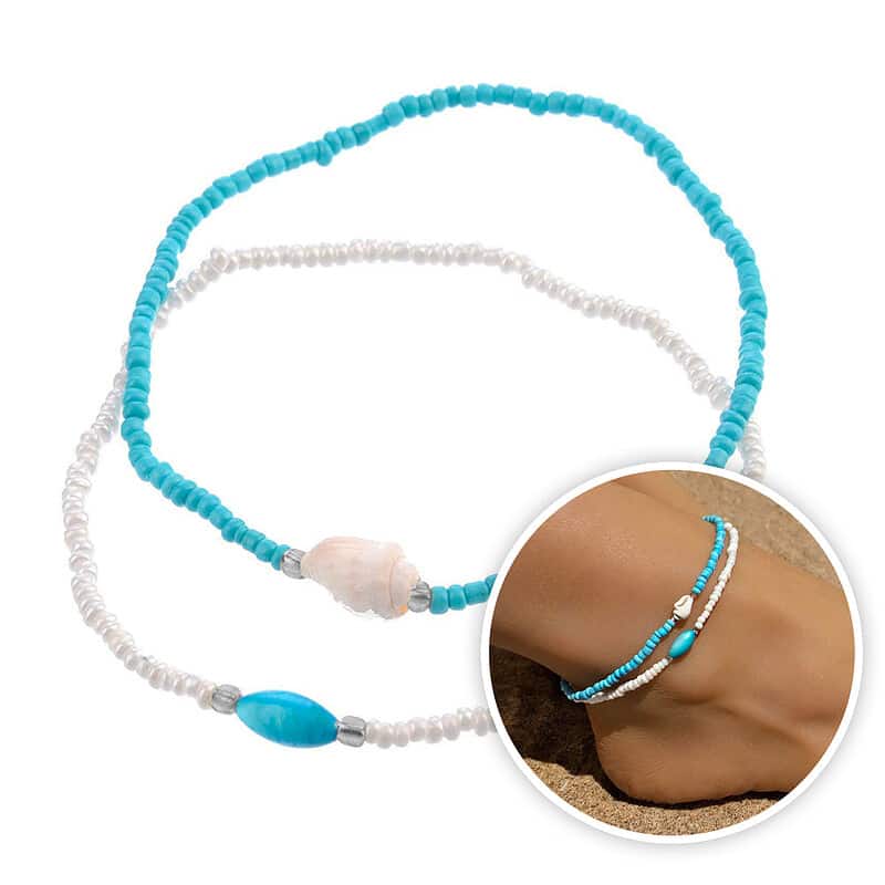 Bracelet Cheville Coquillage <br/>Perles Blanches et Bleues