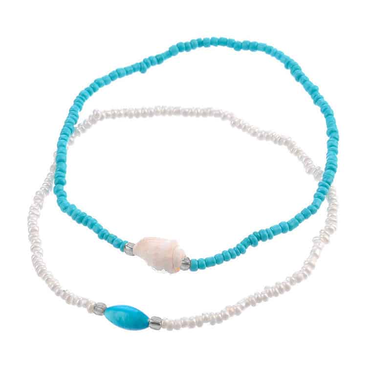 Bracelet Cheville Coquillage <br/>Perles Blanches et Bleues – Image 3