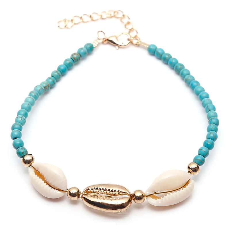 Bracelet Cheville Coquillage <br/> Cauri et Perles Bleues – Image 3