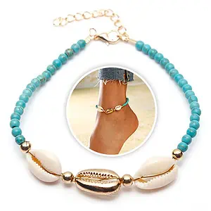 Bracelet Cheville Coquillage  Cauri Et Perles Bleues