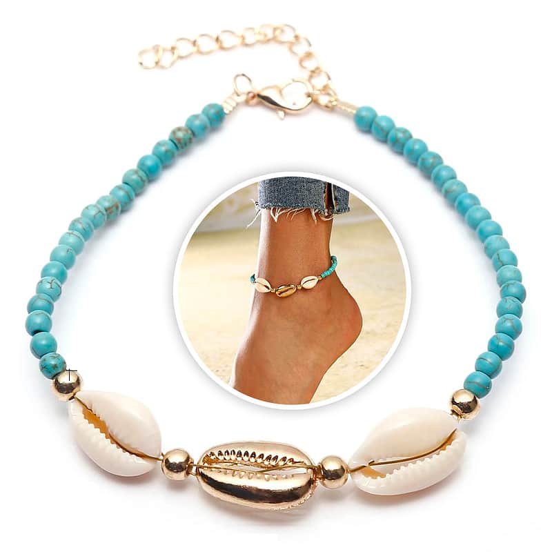 Bracelet Cheville Coquillage <br/> Cauri et Perles Bleues