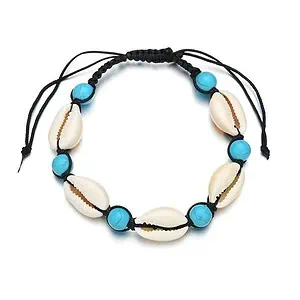 Bracelet Coquillage Cauri, Perles Bleu Et Cordon Noir