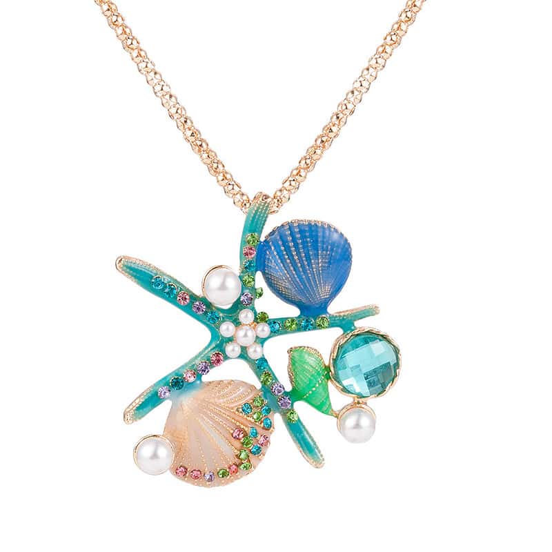 Collier Coquillage <br/> Sautoir perles, paillettes et étoile de mer turquoise