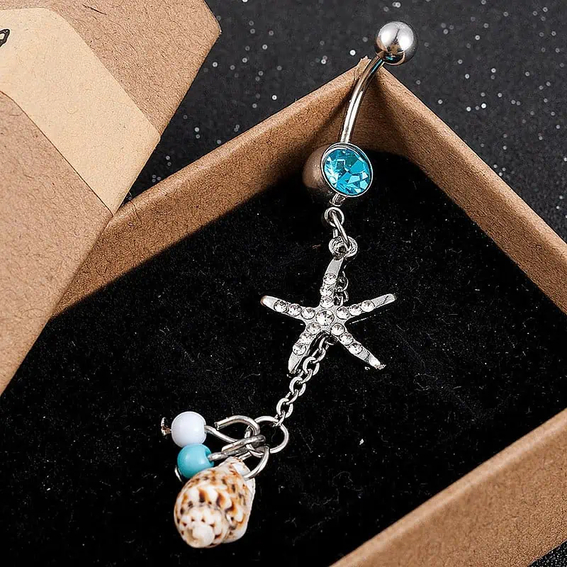 Piercing Nombril Coquillage Bulot Et Perles Bleues – Image 2