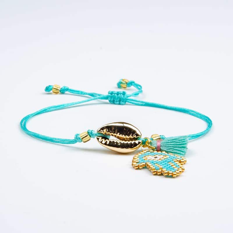 Bracelet Coquillage <br/>Cauri Doré Main de Fatma Turquoise – Image 3