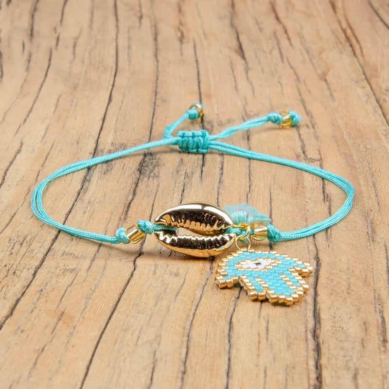 Bracelet Coquillage <br/>Cauri Doré Main de Fatma Turquoise – Image 2