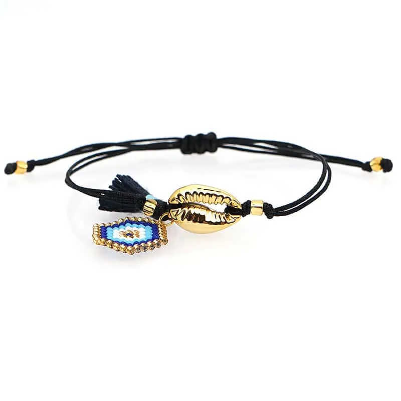Bracelet Coquillage Cauri Doré Et Oeil Bleu
