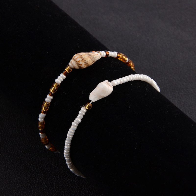 Bracelet Cheville Coquillage <br/>Perles Blanches et Brunes – Image 3