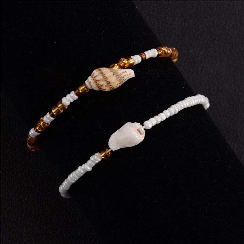 Bracelet Cheville Coquillage <br/>Perles Blanches et Brunes – Image 4