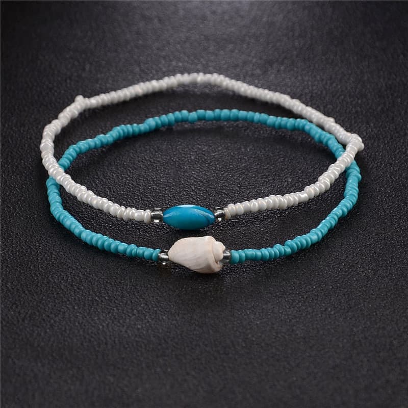 Bracelet Cheville Coquillage <br/>Perles Blanches et Bleues – Image 4