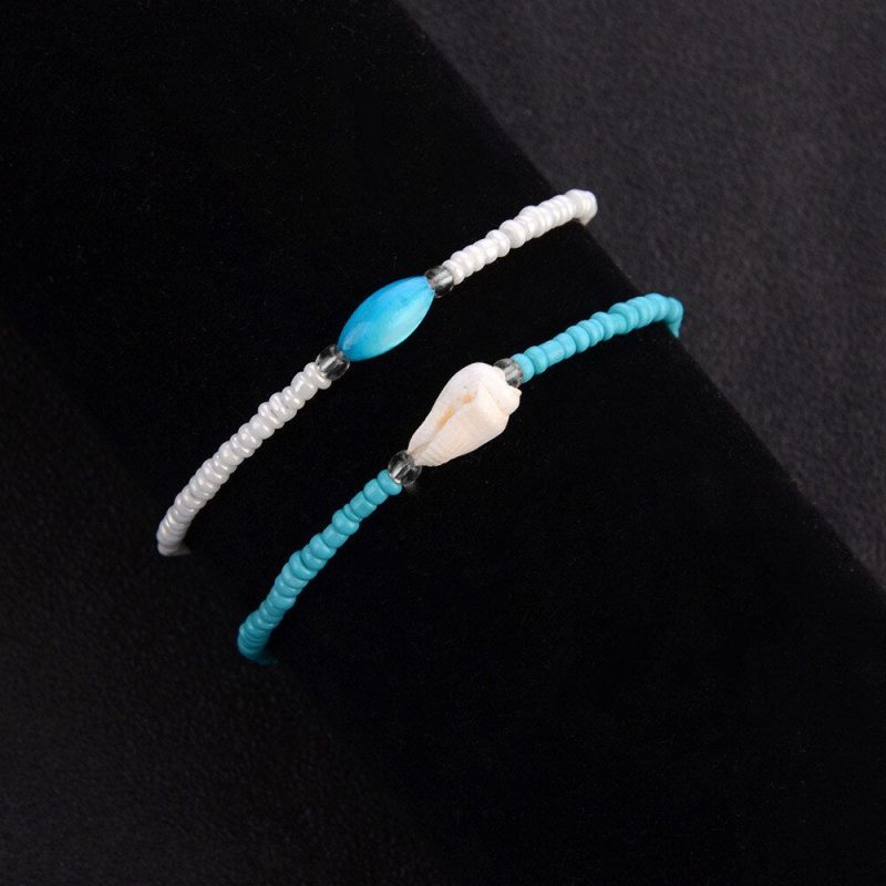 Bracelet Cheville Coquillage <br/>Perles Blanches et Bleues – Image 5