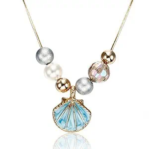 Collier Coquillage St-Jacques Turquoise Et Perles