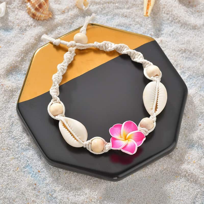 Bracelet Cheville Coquillage <br/> Cauri Blanc et fleur Rose – Image 2