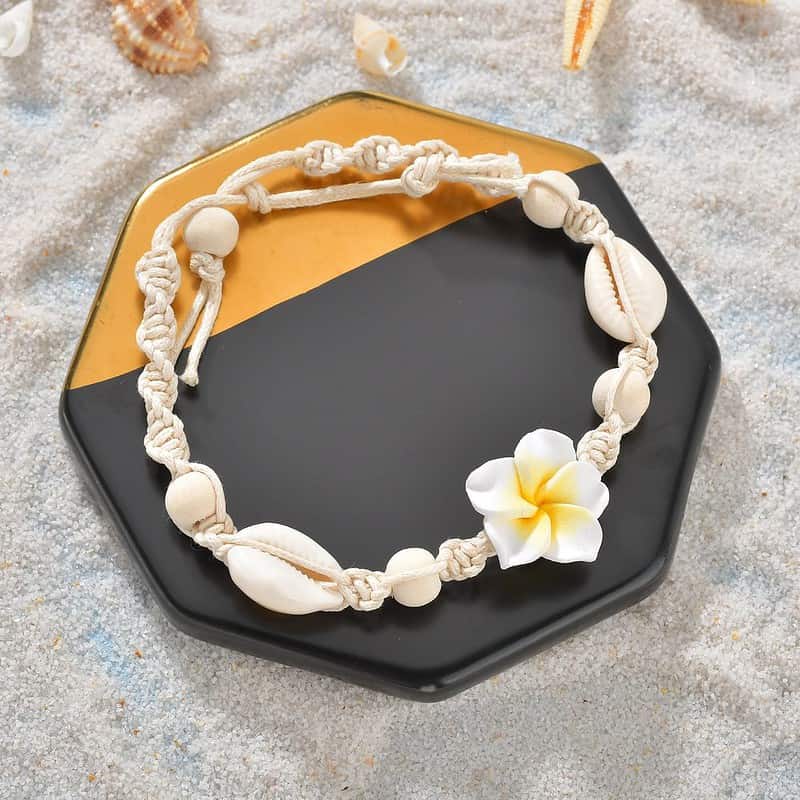 Bracelet Cheville Coquillage <br/> Cauri Blanc et fleur Jaune – Image 2