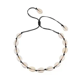 Collier Coquillage Cauri Blanc Cordon Noir
