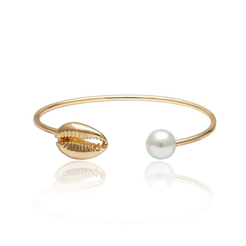 Bracelet Coquillage <br/> Cauri et Perle Blanche (Doré)