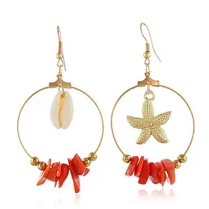 Boucles D'Oreilles Coquillages Créoles Cauri, Étoile De Mer Et Pierres Rouges