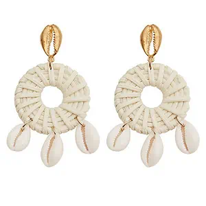 Boucles D'Oreilles Coquillages Cauris Et Paille Tressée