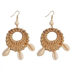 Boucles D'Oreilles Coquillages Cauri, Rotin Et Perles Blanches