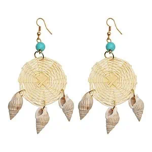 Boucles D'Oreilles Coquillages Paille Tressée Et Perles Bleues