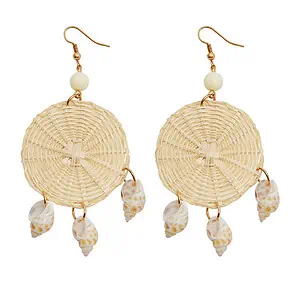 Boucles D'Oreilles Coquillages Bulot Et Paille Tressée