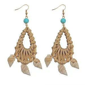 Boucles D'Oreilles Coquillages Rotin Et Perles Bleues