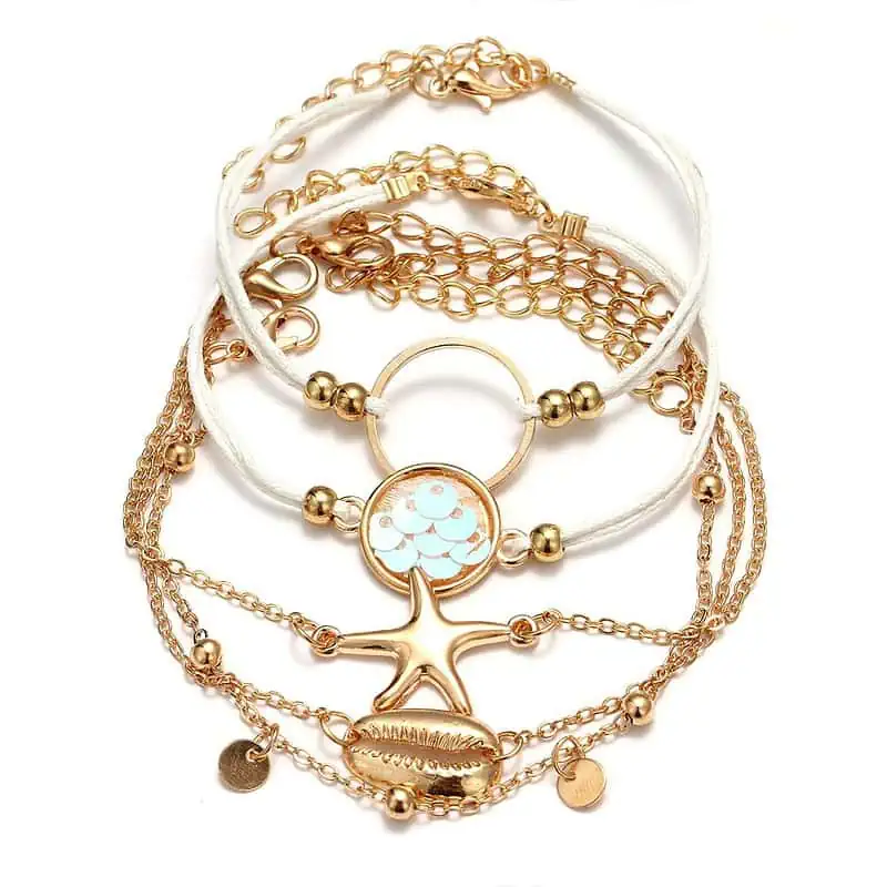 Bracelet Coquillage Multiple Avec Cauri, Étoile De Mer Et Écailles