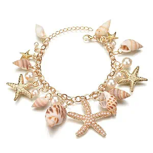 Bracelet Coquillage Charme Avec Étoiles De Mer Et Perles