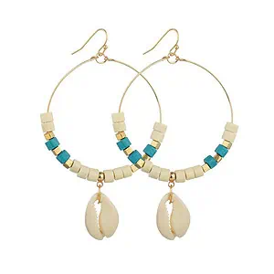 Boucles D'Oreilles Coquillages Créoles Avec Cauri Blanc Et Bleu
