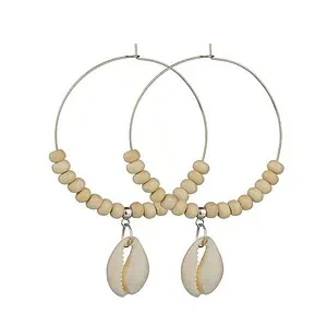 Boucles D'Oreilles Coquillages Créoles Avec Cauri Et Perles Blanches (Argenté)