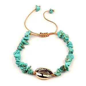 Bracelet Coquillage Cauri Doré Et Pierres Turquoise