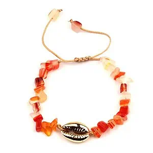 Bracelet Coquillage Cauri Doré Et Pierres Rouges