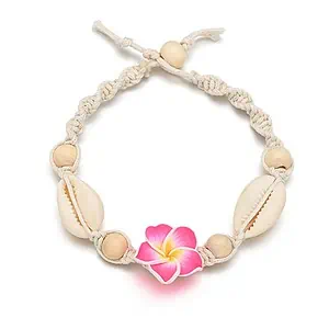 Bracelet Cheville Coquillage Cauri Blanc Et Fleur Rose