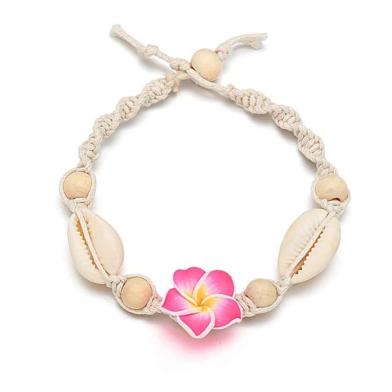 Bracelet Cheville Coquillage <br/> Cauri Blanc et fleur Rose