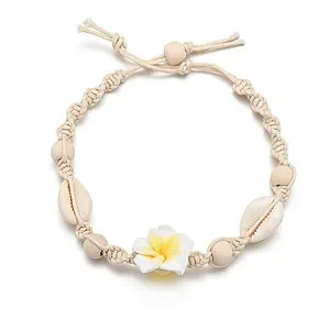 Bracelet Cheville Coquillage Cauri Blanc Et Fleur Jaune