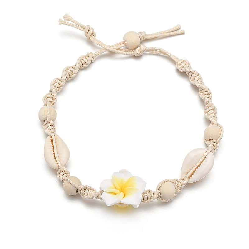 Bracelet Cheville Coquillage <br/> Cauri Blanc et fleur Jaune