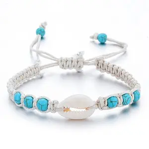 Bracelet Coquillage Cauri Blanc Et Perles Bleues