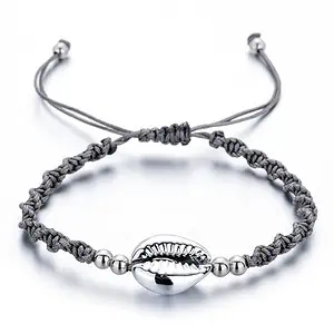 Bracelet Coquillage Cauri Argenté Et Cordon Gris