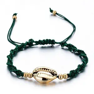 Bracelet Coquillage Cauri Doré Et Cordon Vert
