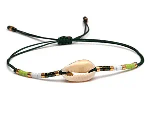 Bracelet Coquillage Cauri Cordon Vert Foncé