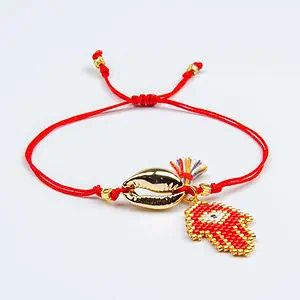 Bracelet Coquillage Cauri Doré Main De Fatma Rouge
