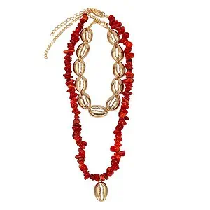 Collier Coquillage Cauris Dorés Et Perles Rouges
