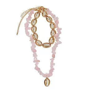 Collier Coquillage Cauris Dorés Et Perles Roses