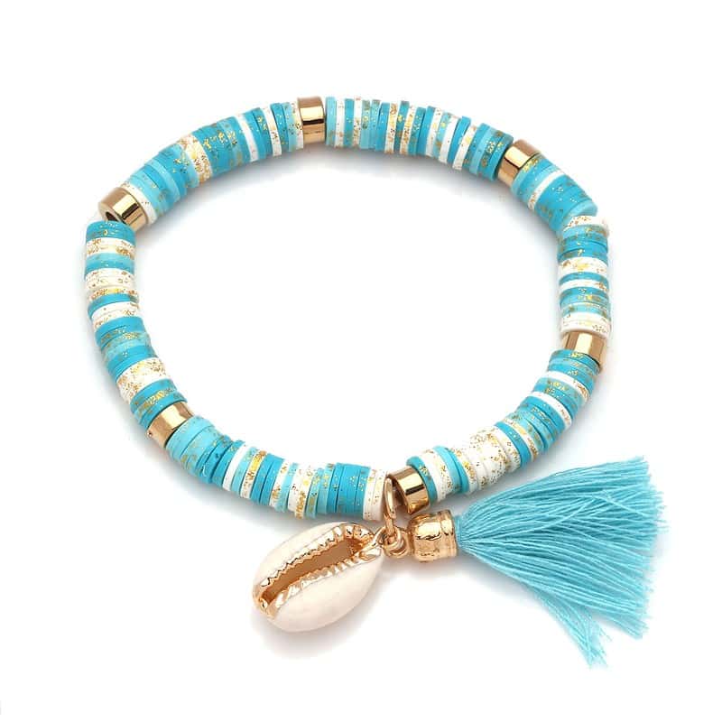 Bracelet Coquillage <br/>Perles Plates Turquoise et Cauri